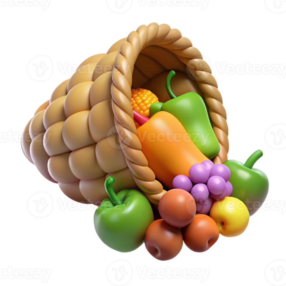 unparalleled rustic Cornucopia, horn of plenty, overflowing with fruit, with Transparent Background handcrafted png