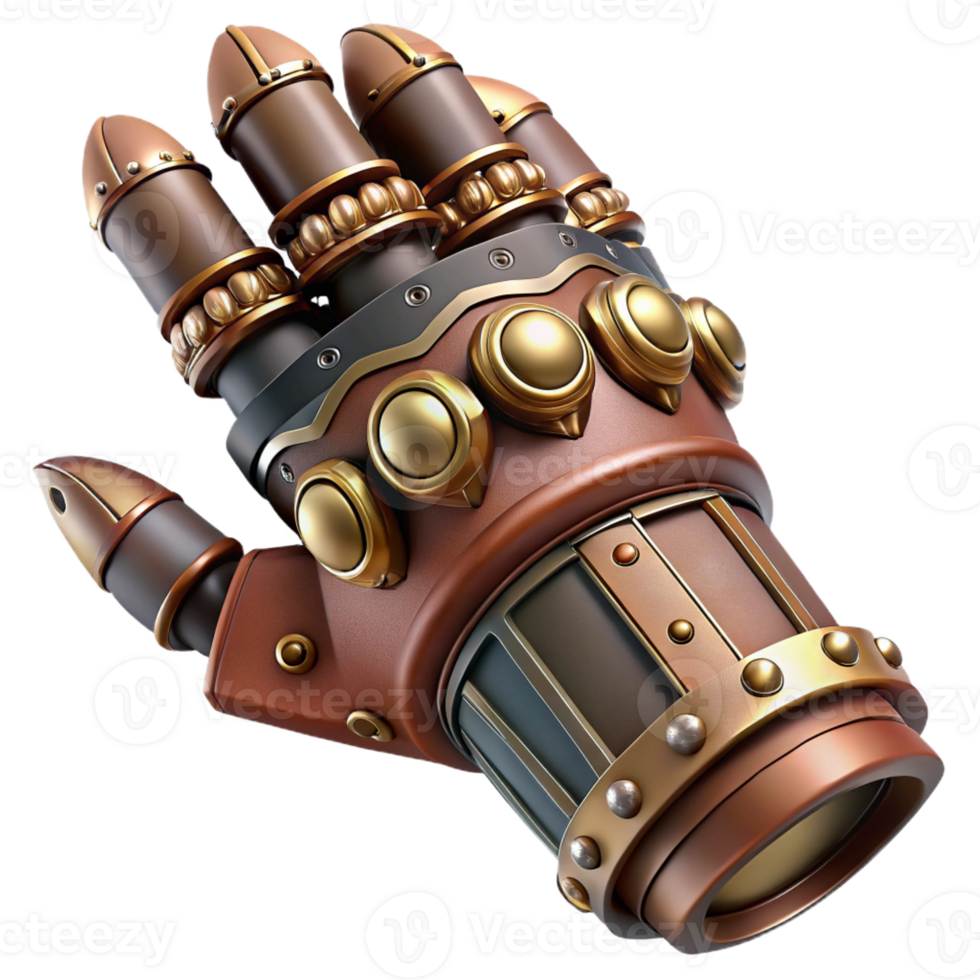 wonderful victorian Steampunk gauntlet with articulated fingers and integrated weapons with Transparent Background 4K png