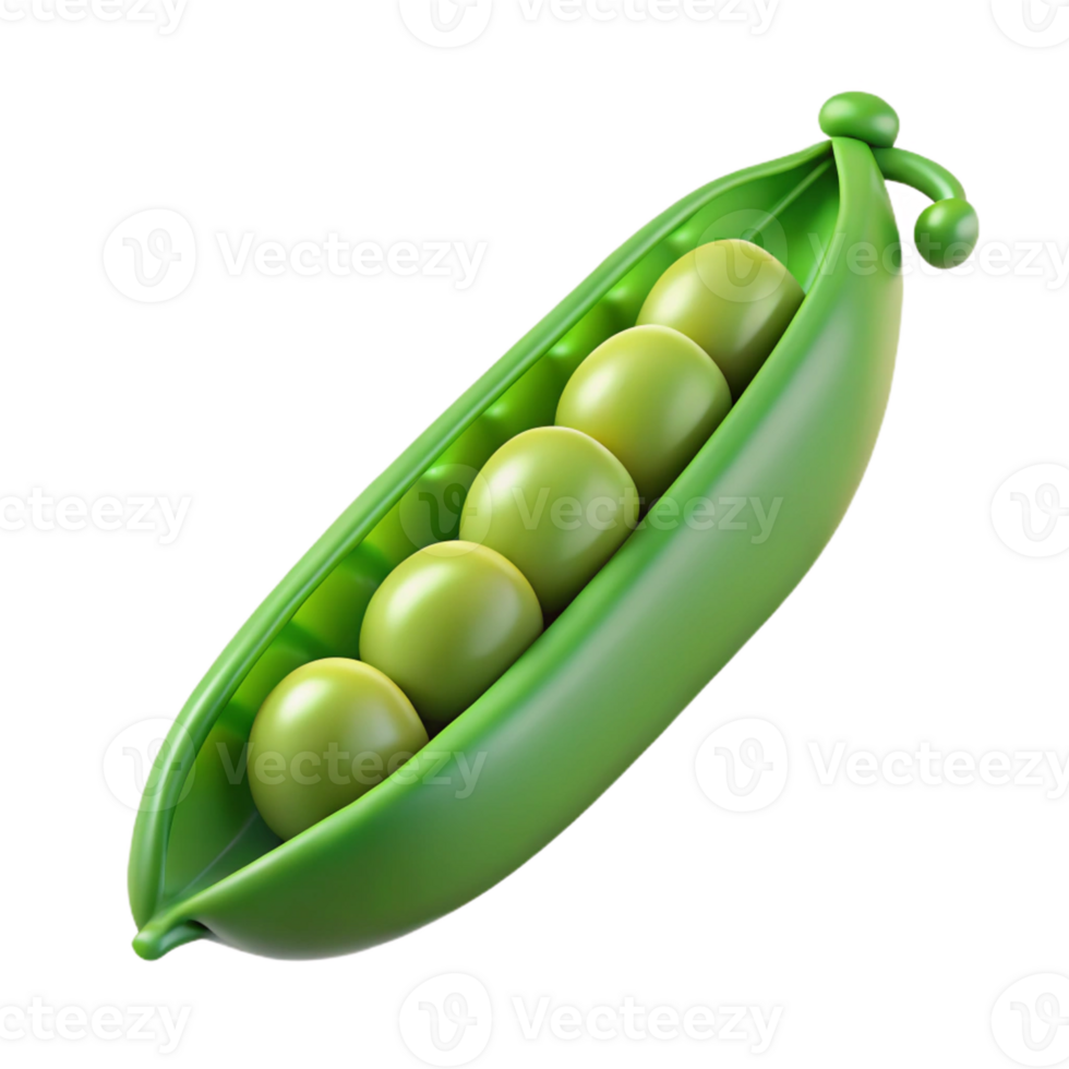 splendid notable Photorealistic, ultra-detailed, professional render of a single, fresh green pea pod with partially visible peas inside Isolated cutout with Transparent Background png