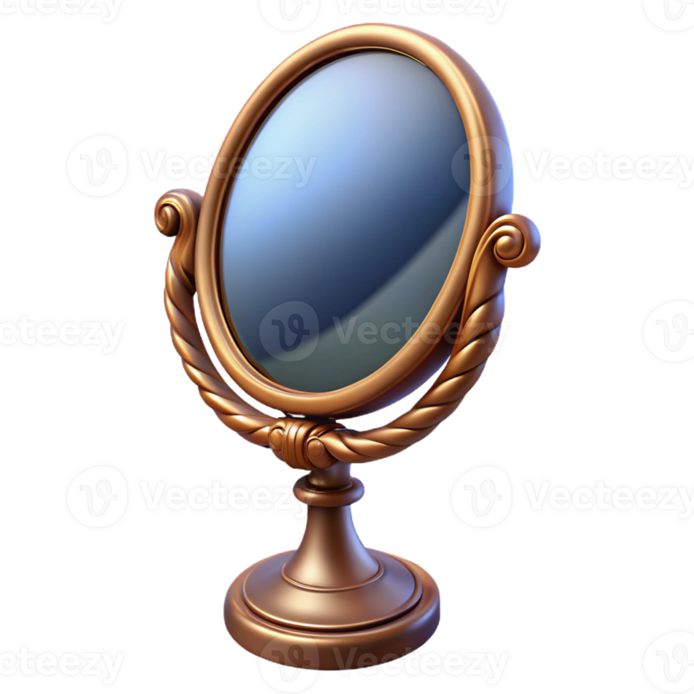 signature contemporary Hyper-specific, photorealistic isolated cutout of a single antique mirror reflecting a distorted reality with Transparent Background high resolution png