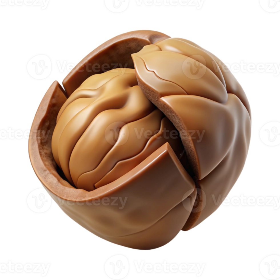 sumptuous dreamy creative Isolated cutout, concept art style, hyper-specific rendering of a single, cracked walnut shell revealing the nut inside with Transparent Background top-tier png