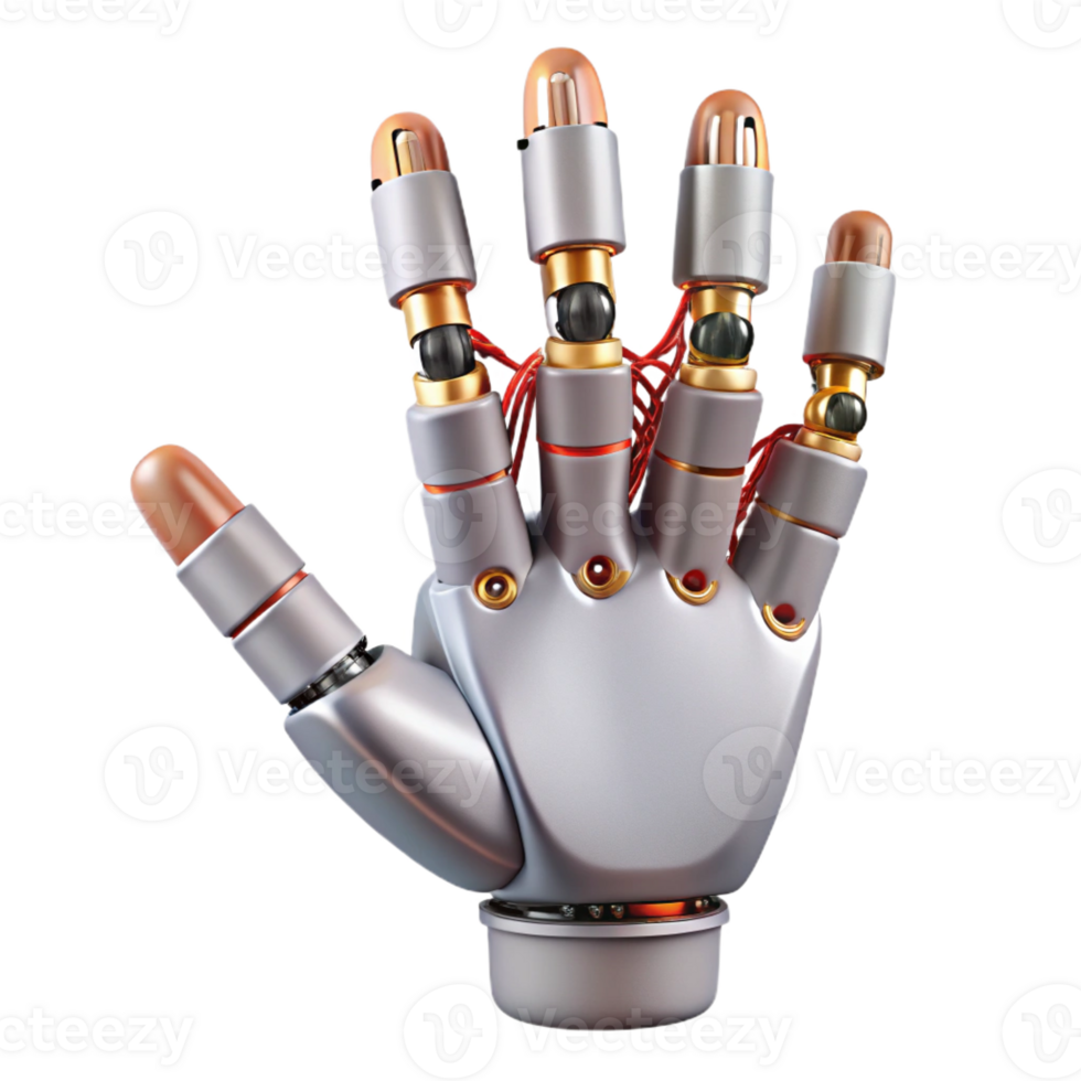 picturesque art deco Ultra-detailed, photorealistic isolated cutout of a single, articulated robotic hand with intricate wiring with Transparent Background premium png