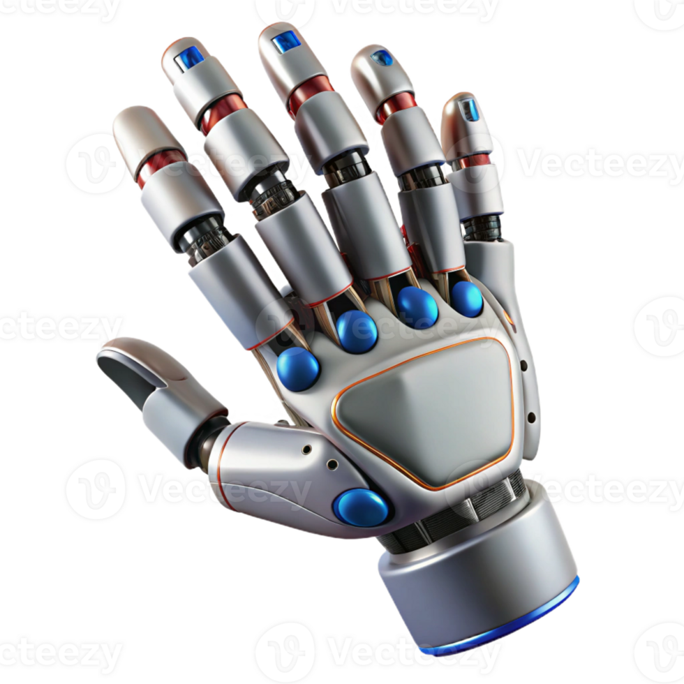 pristine passionate mid-century Ultra-detailed, photorealistic isolated cutout of a single, articulated robotic hand with intricate wiring with Transparent Background genuine png