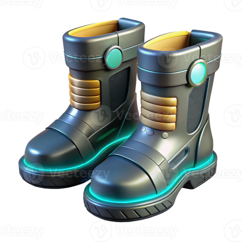 signature art deco Cyberpunk boots with glowing soles and reinforced armor plating with Transparent Background genuine png