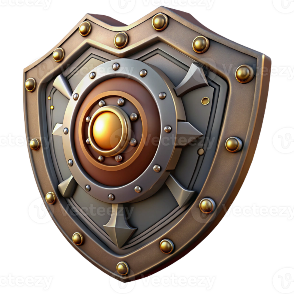 standout abstract Steampunk shield with intricate metalwork and a central emblem with Transparent Background authentic png