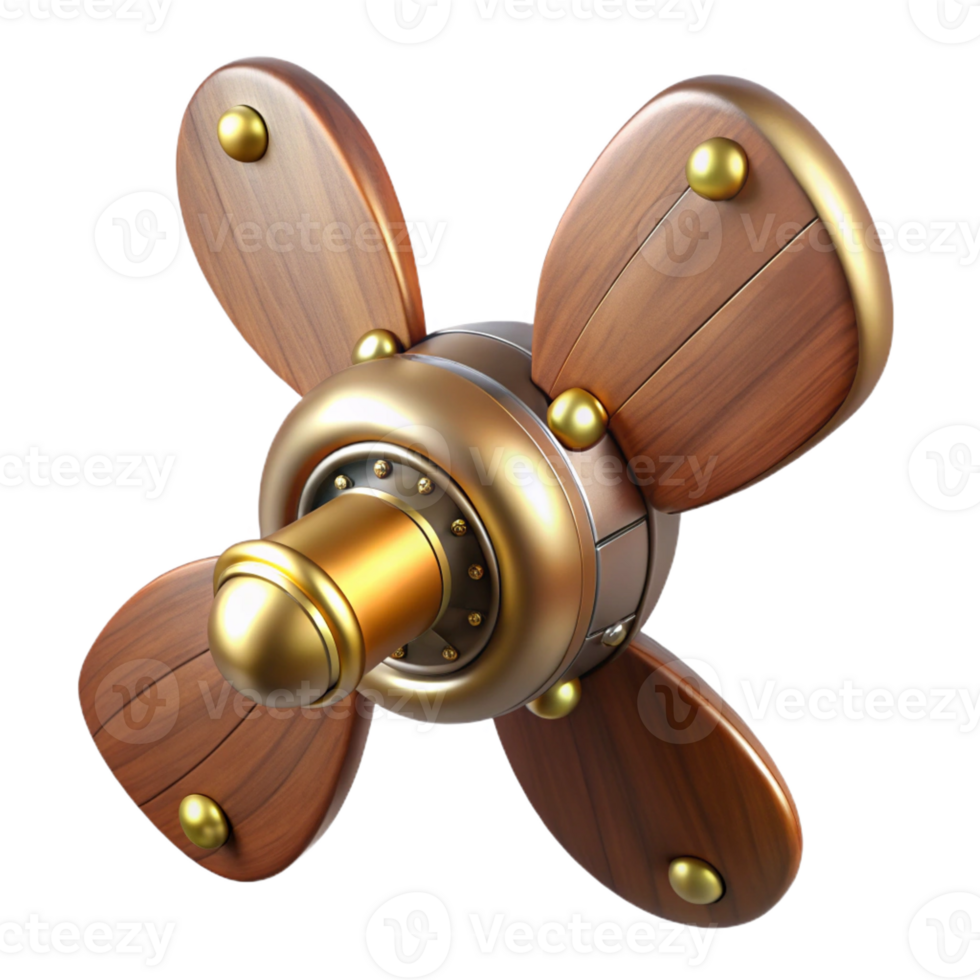 splendid memorable Steampunk airship propeller made of polished wood and brass with Transparent Background png