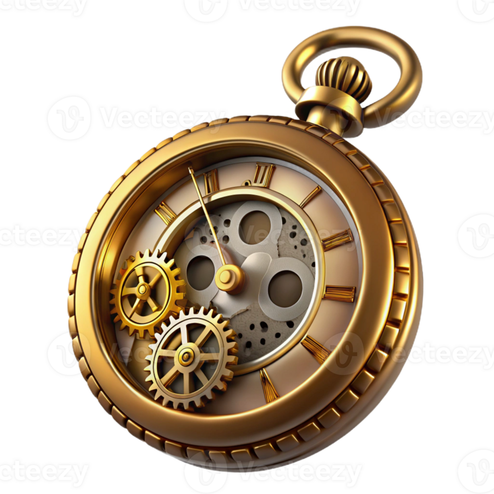 wonderful tropical Steampunk pocket watch with exposed gears and Roman numerals with Transparent Background sharp png