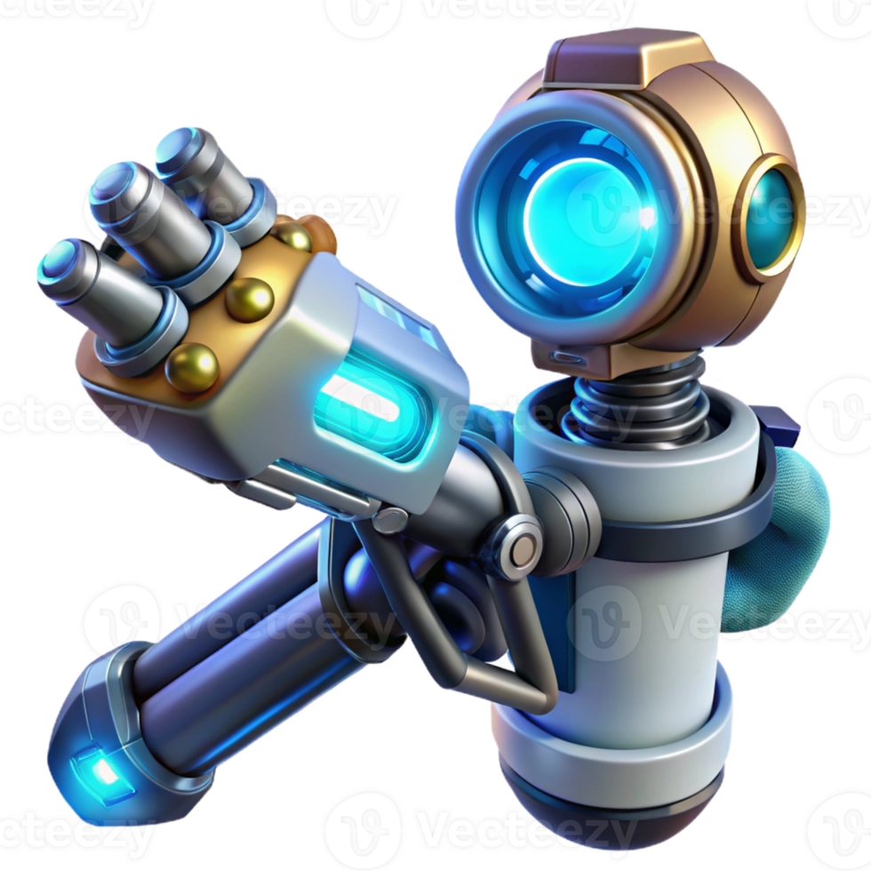 wonderful renaissance Robot arm holding a futuristic weapon with glowing energy barrel with Transparent Background authentic png