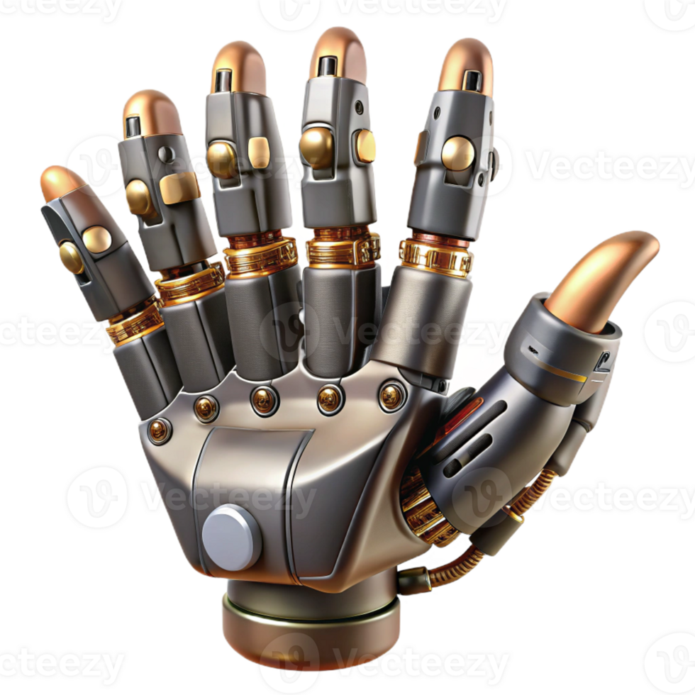 sumptuous signature Steampunk robotic hand with articulated fingers and exposed wiring with Transparent Background png