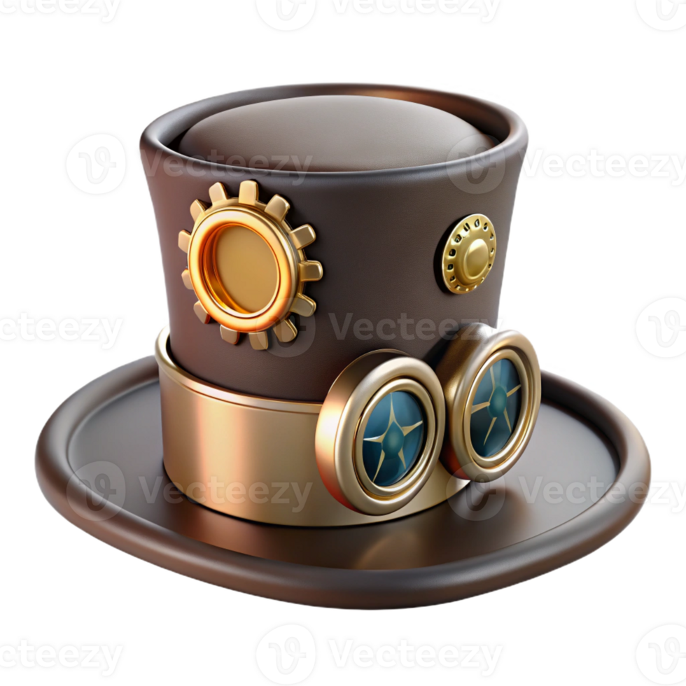 mesmerizing distinguished Steampunk top hat with brass gears and goggles attached with Transparent Background png