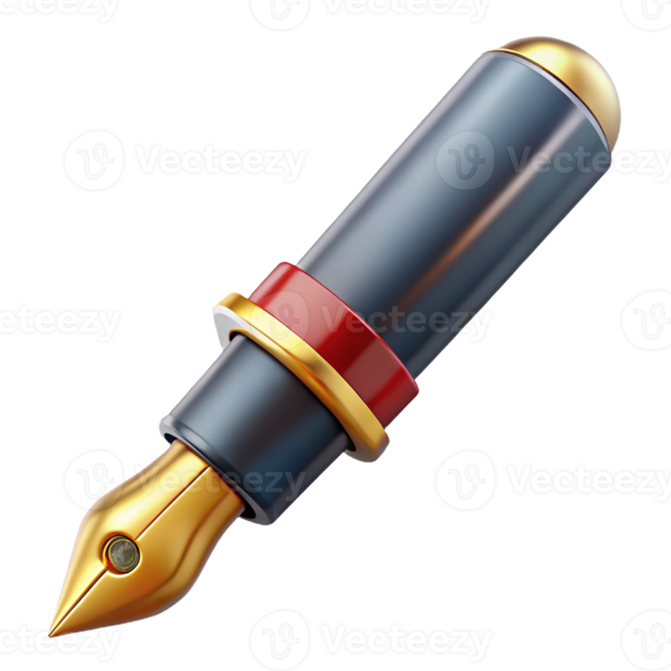 passionate radiant Photorealistic, hyper-specific professional render of a vintage fountain pen with a gold nib with Transparent Background flawless png