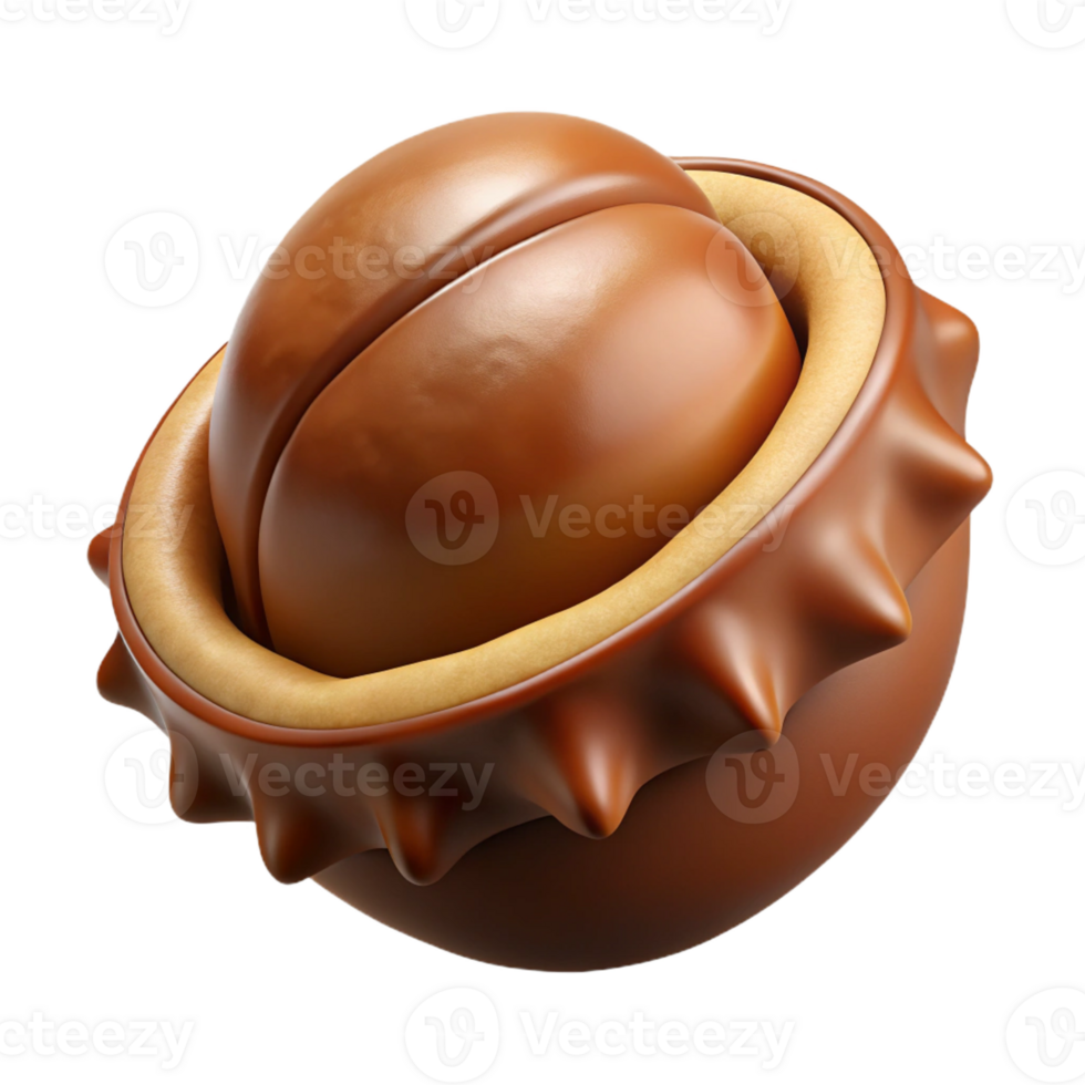 radiant tranquil abstract Professional render, ultra-detailed, concept art style image of a single, opened chestnut burr revealing the nuts inside Isolated cutout with Transparent Background refined png