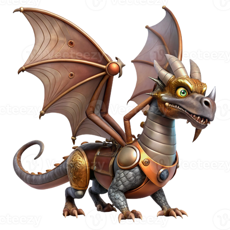 splendid dreamy avant-garde Steampunk dragon with mechanical wings and steam vents with Transparent Background elite png