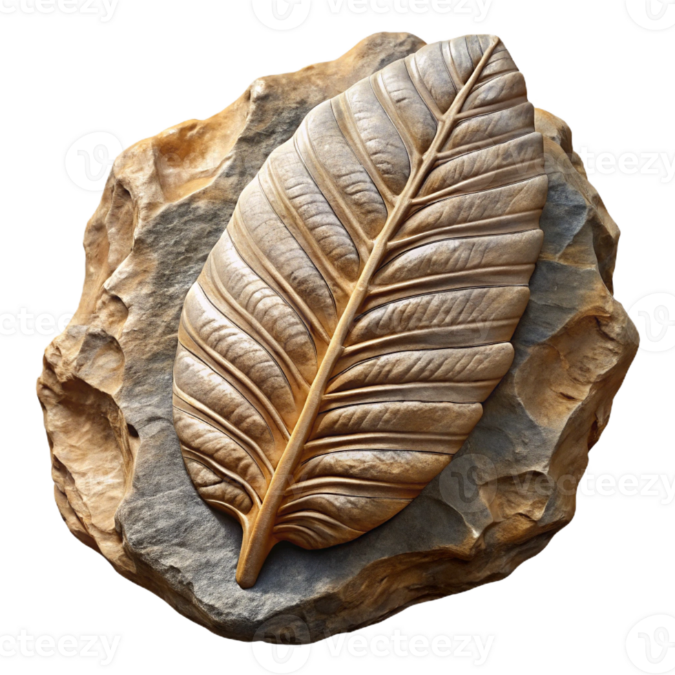joyful elegant Professional render, ultra-detailed, concept art style depiction of a single, fossilized leaf imprinted on rock Isolated cutout with Transparent Background authentic png