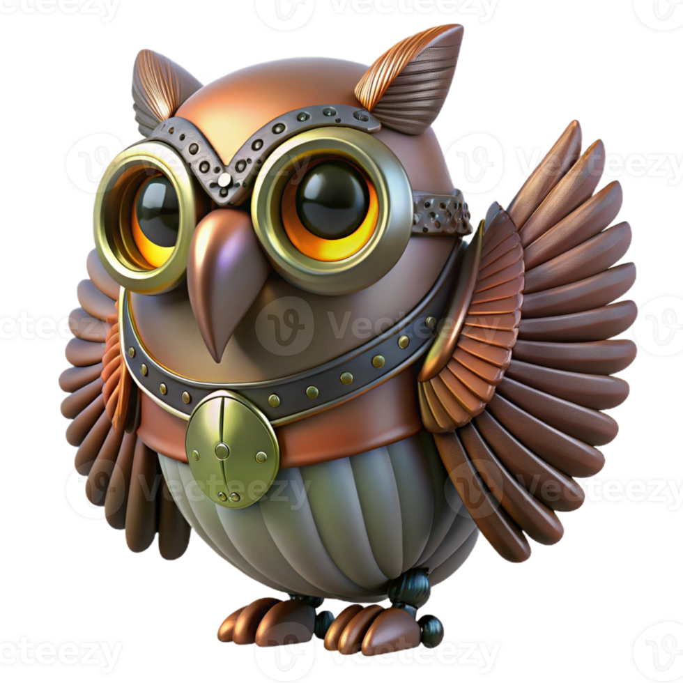playful pristine Steampunk owl with metal feathers and glowing eyes with Transparent Background ultra HD png