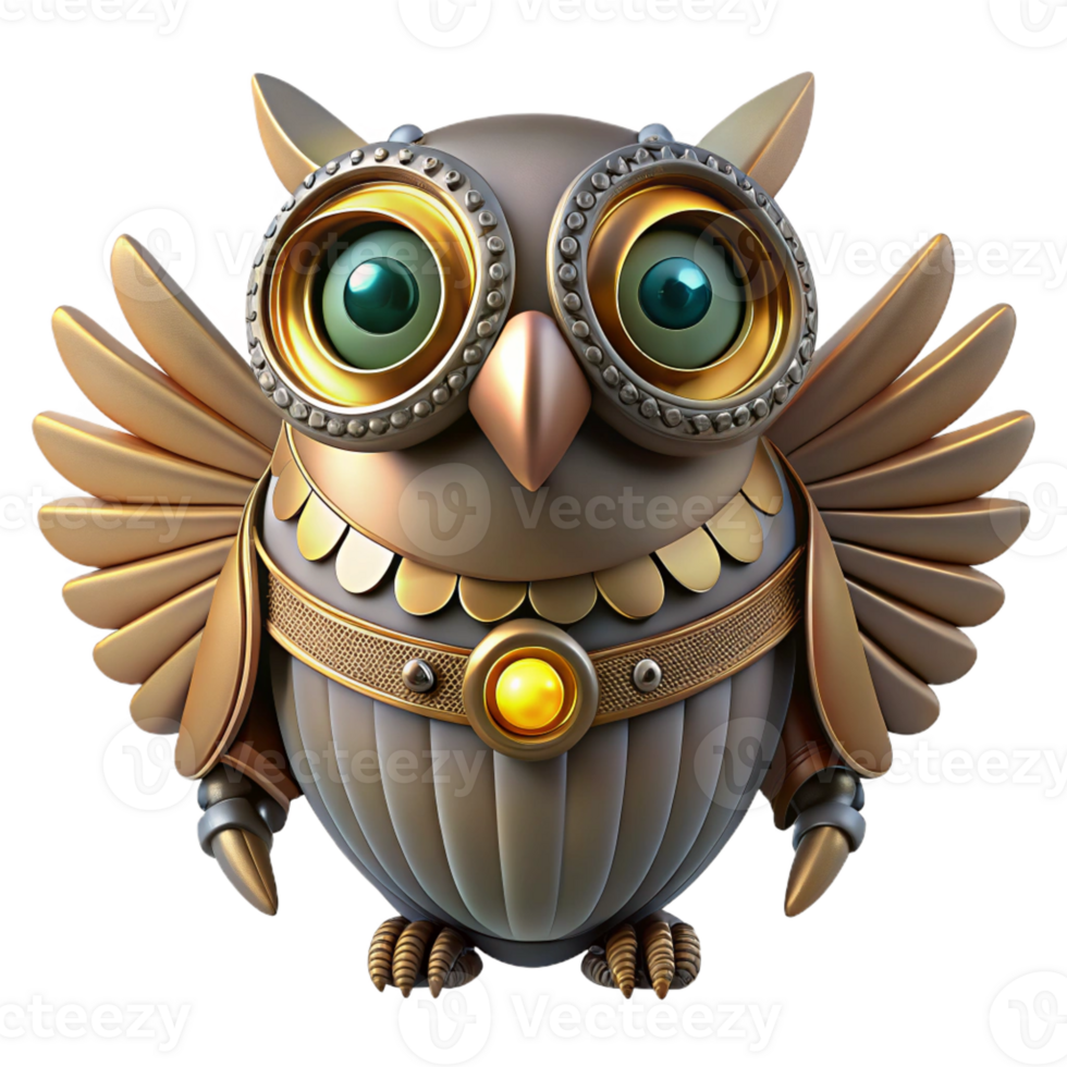 signature baroque Steampunk owl with metal feathers and glowing eyes with Transparent Background luxury png