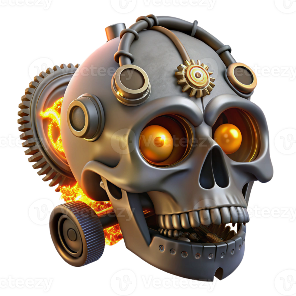 serene calm surreal Steampunk skull with gears, pipes, and glowing embers with Transparent Background precision png