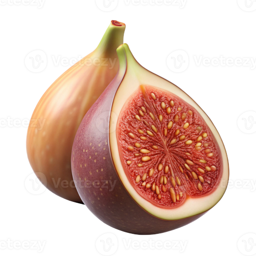 picturesque artistic Isolated cutout, hyper-specific, photorealistic rendering of a single, ripe fig cut in half, revealing the seeds and flesh with Transparent Background gallery standard png