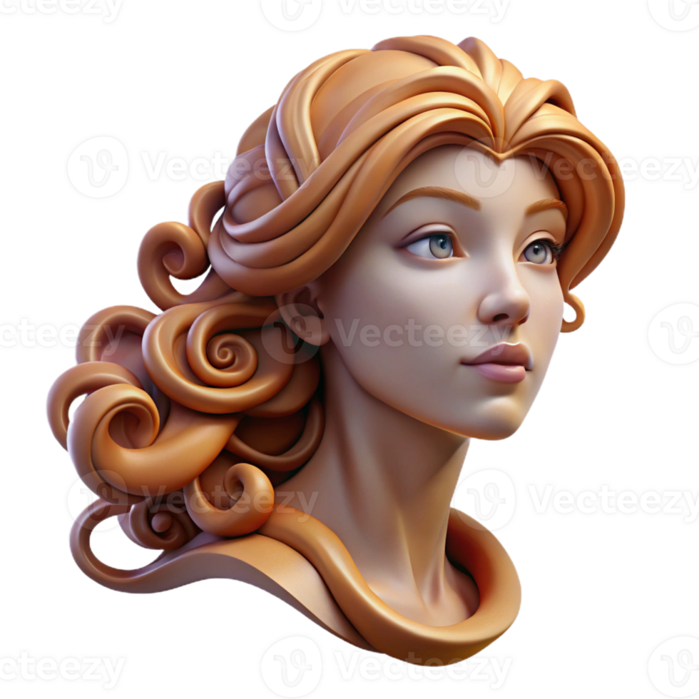 pristine coveted Ultra-detailed, hyper-specific concept art style render of an Art Nouveau woman's face in profile, flowing hair, elegant lines, isolated cutout with Transparent Background png