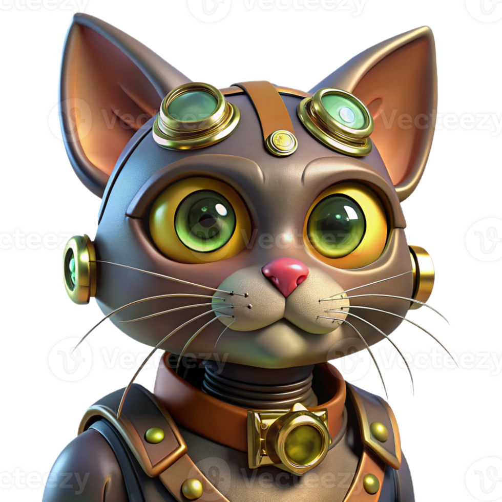 striking nostalgic traditional Steampunk cat with metal whiskers and glowing eyes with Transparent Background genuine png