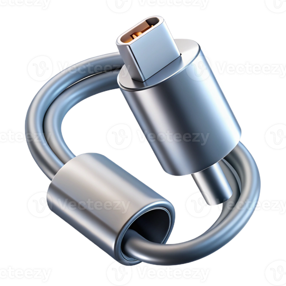 quintessential tropical Hyper-specific, professional render of a sleek, silver USB-C charging cable, coiled with Transparent Background museum quality png