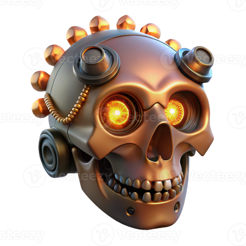 serene passionate industrial Steampunk skull with gears, pipes, and glowing embers with Transparent Background detailed png