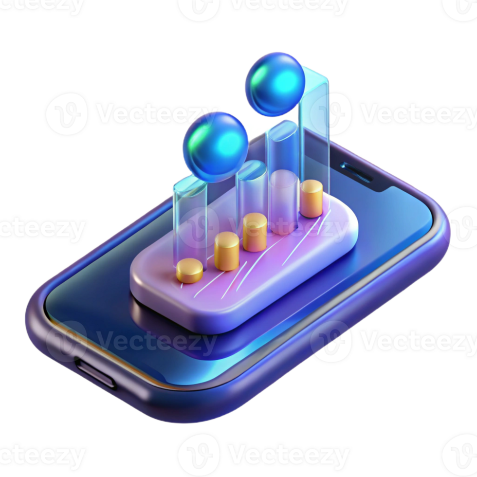 picturesque romantic retro Concept art style, isolated cutout of a levitating, transparent holographic smartphone displaying a stock market graph with Transparent Background elite png