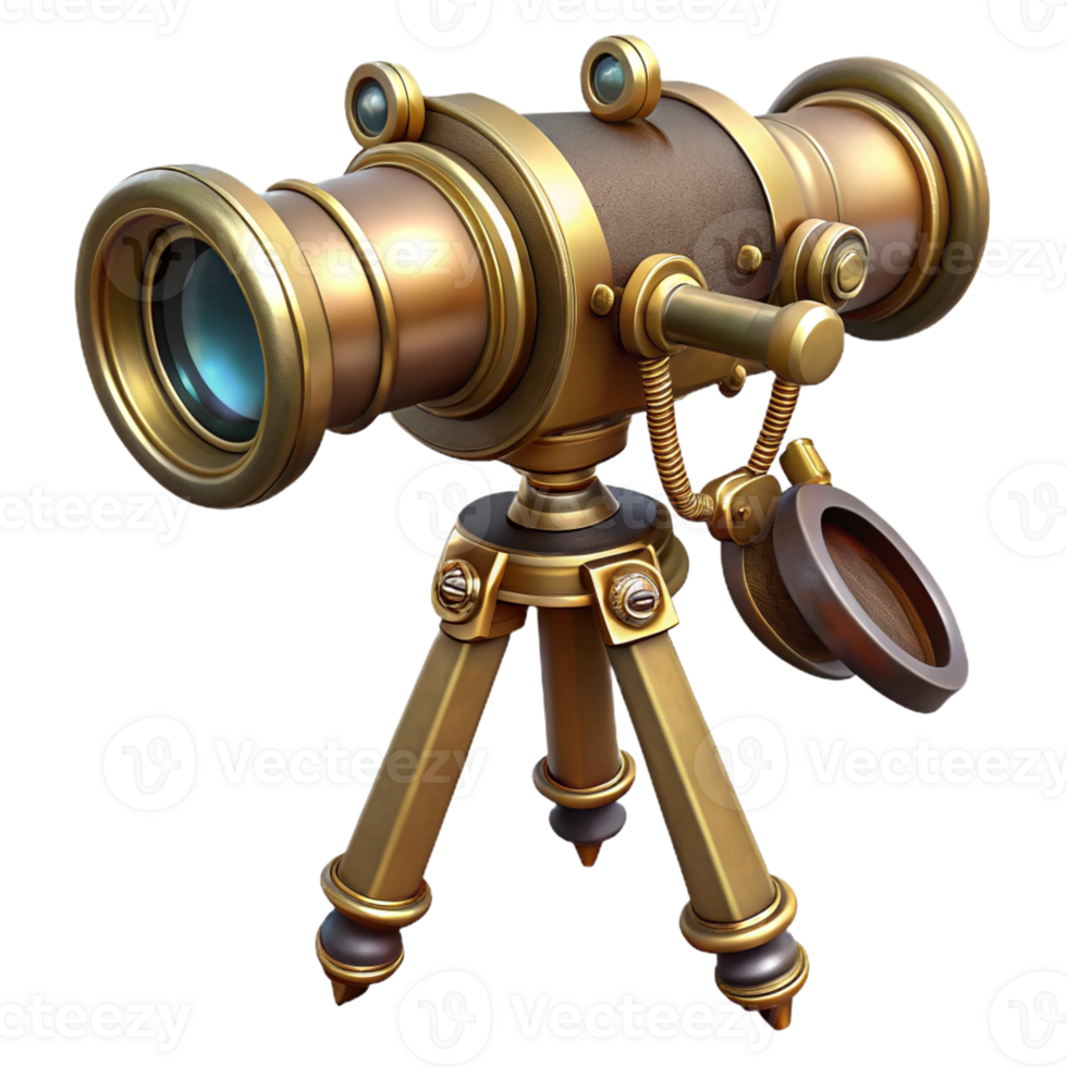 mesmerizing dynamic elegant Steampunk telescope with brass lenses and intricate tripod with Transparent Background studio quality png