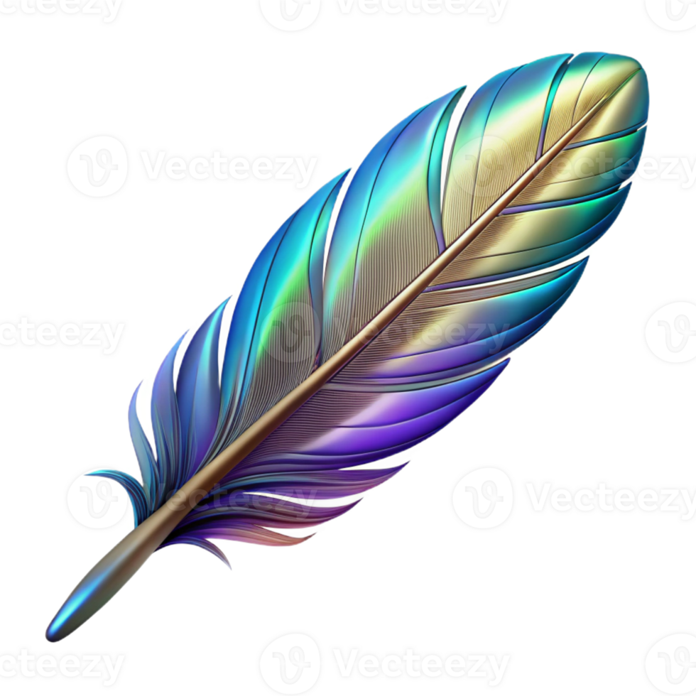 sought-after elegant A single, stylized feather with iridescent barbs with Transparent Background high resolution png