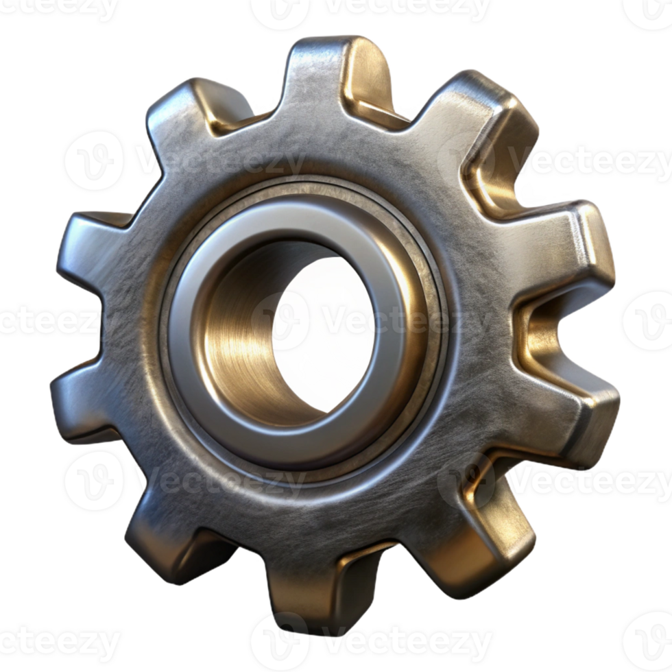 striking energetic artistic Photorealistic, ultra-detailed, isolated cutout of a single, worn, metallic steampunk gear with Transparent Background fine detail png