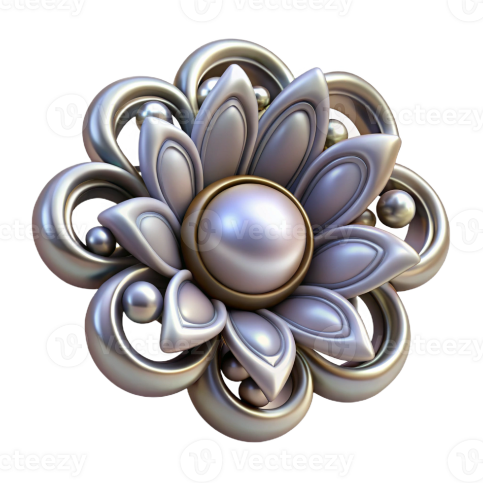 standout abstract Hyper-specific, ultra-detailed concept art style render of an Art Nouveau brooch, pearl and silver, floral design, isolated cutout with Transparent Background museum quality png