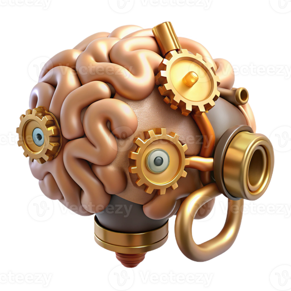 wonderful inspired Steampunk brain with gears, pipes, and glowing synapses with Transparent Background png