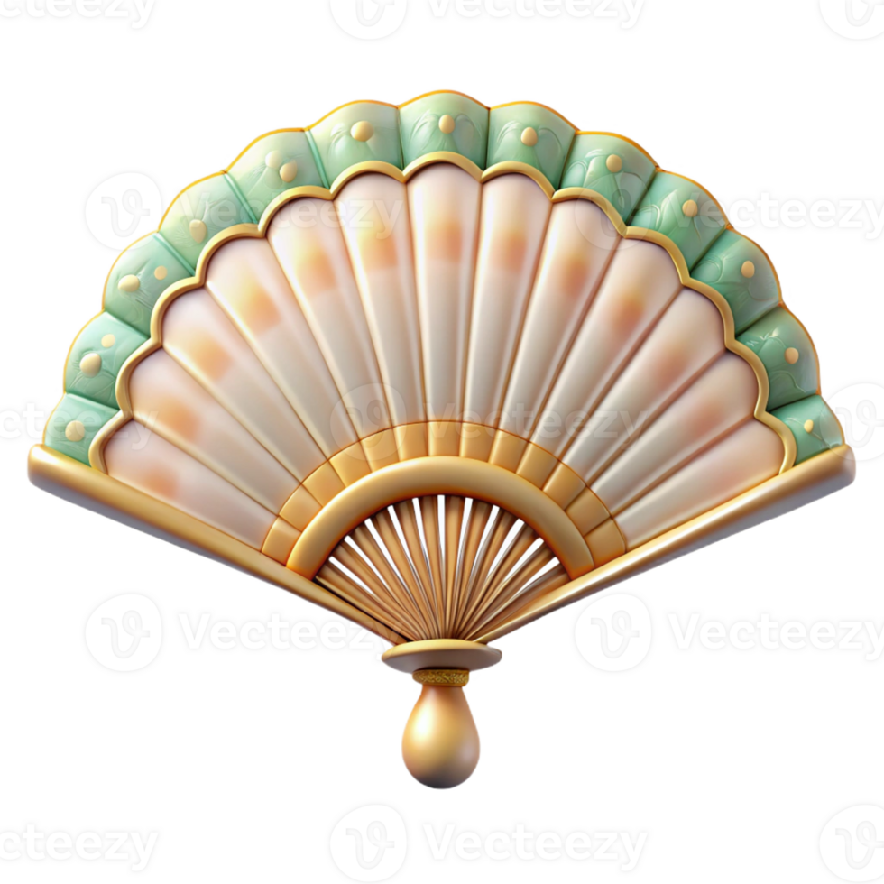 rare retro Photorealistic, professional render of a single Art Nouveau fan, silk and ivory, painted design, isolated cutout, hyper-specific details with Transparent Background luxury png