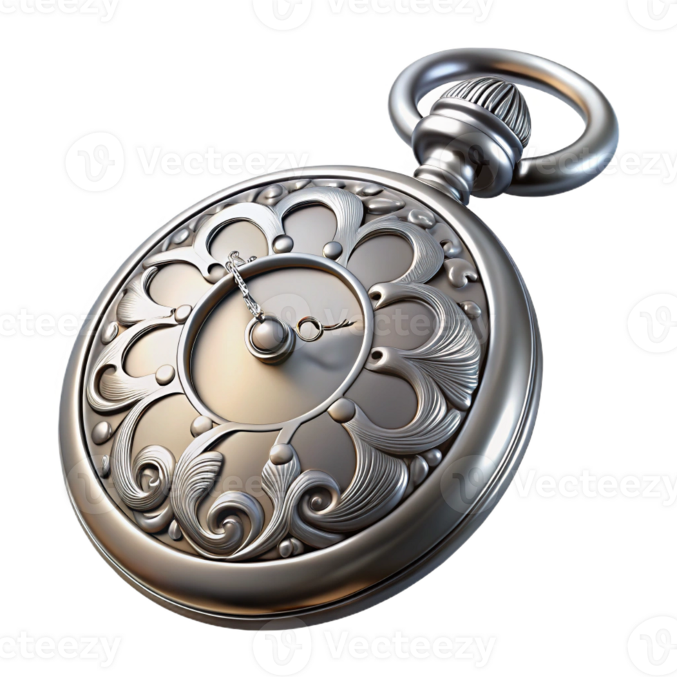 stunning distinctive Photorealistic, professional render of a single Art Nouveau pocket watch, silver and enamel, intricate details, isolated cutout, hyper-specific details with Transparent Background png