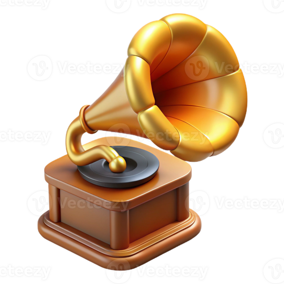 stunning iconic Concept art style, isolated cutout of a vintage gramophone with a brass horn with Transparent Background png