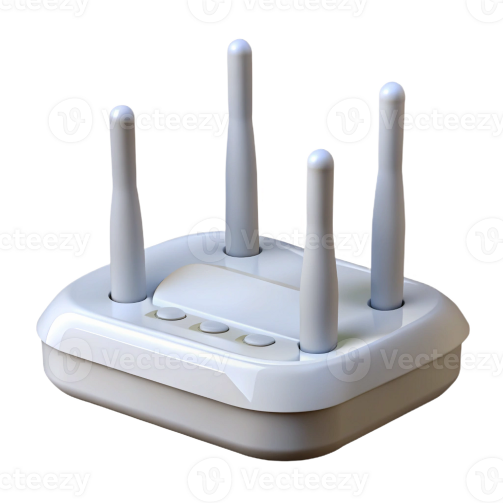 picturesque acclaimed Hyper-specific, professional render of a modern, white wireless router with multiple antennas with Transparent Background png
