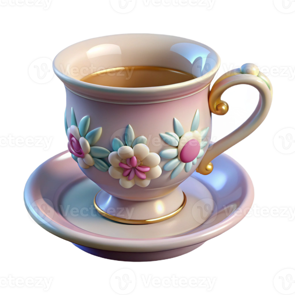 splendid exemplary Hyper-specific, ultra-detailed concept art style render of an Art Nouveau teacup, porcelain, floral pattern, isolated cutout with Transparent Background png