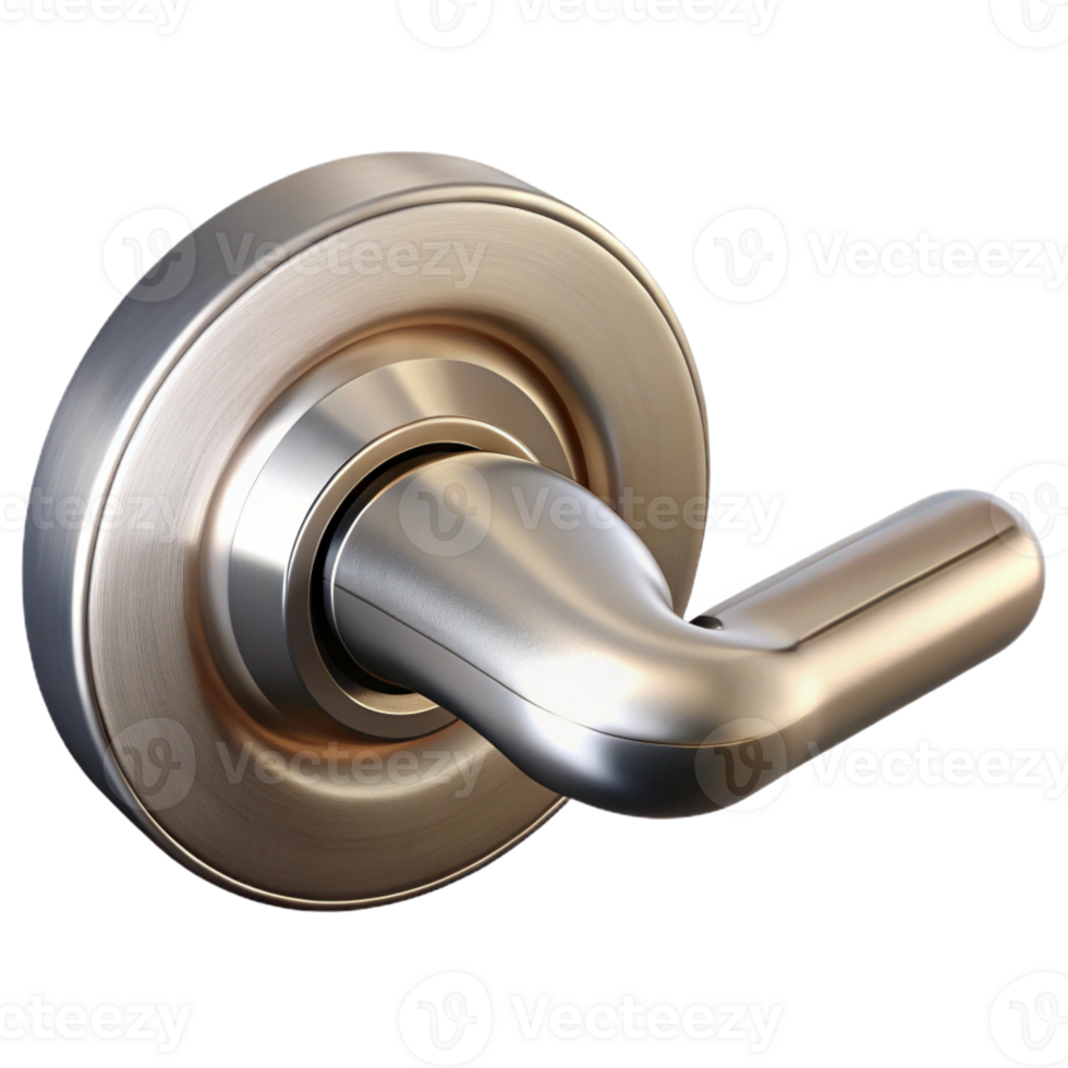 playful spectacular Photorealistic, hyper-specific isolated cutout of a single, modern brushed nickel lever door handle with Transparent Background genuine png