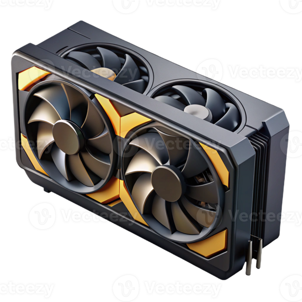 stunning timeless Hyper-specific, professional render of a modern, black graphics card with multiple fans with Transparent Background png