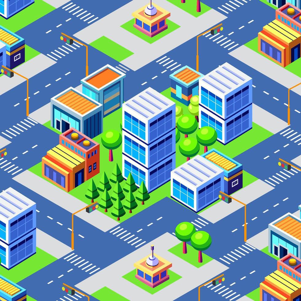 Isometric seamless pattern with city street and buildings vector