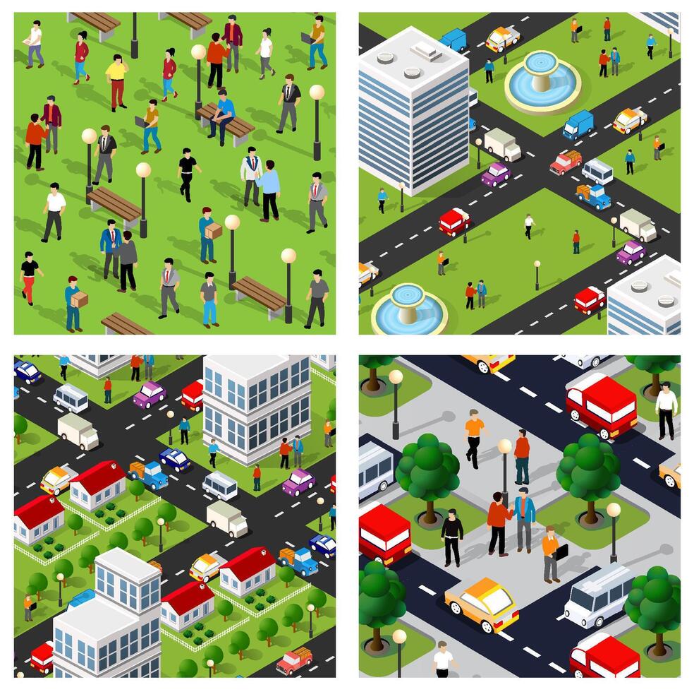 Isometric city street scene with people and cars vector