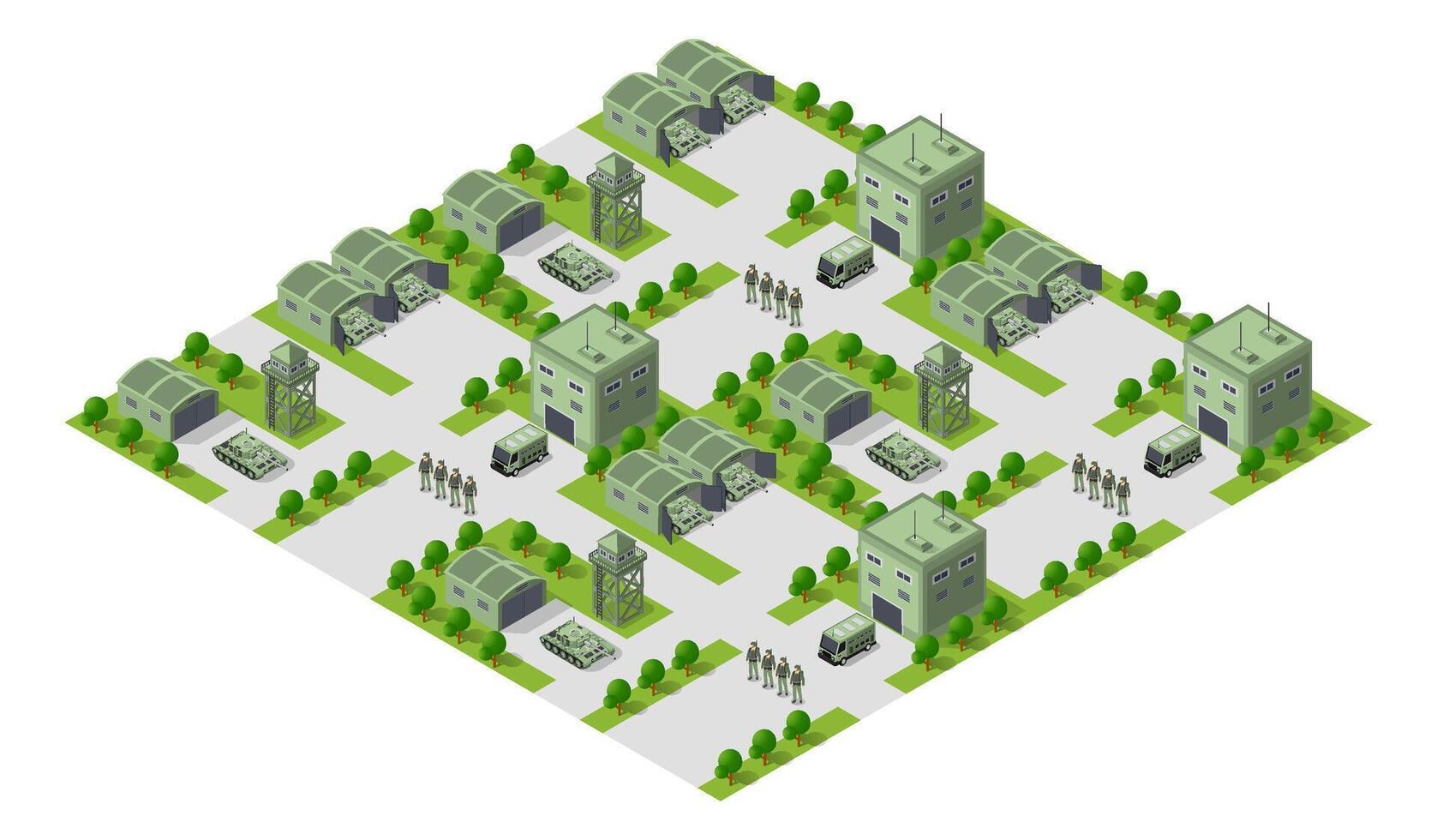Isometric city with military buildings and trees vector