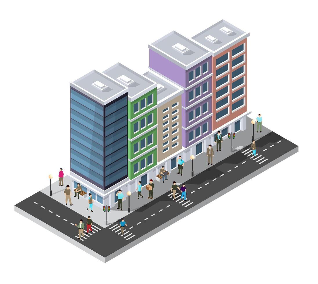 Isometric city street with people walking on the street vector