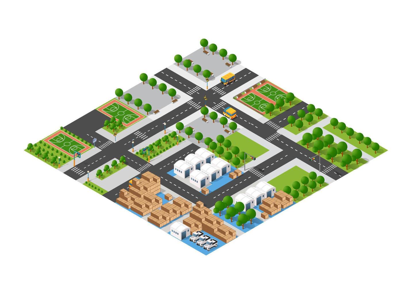 Isometric city with trees, buildings and roads vector