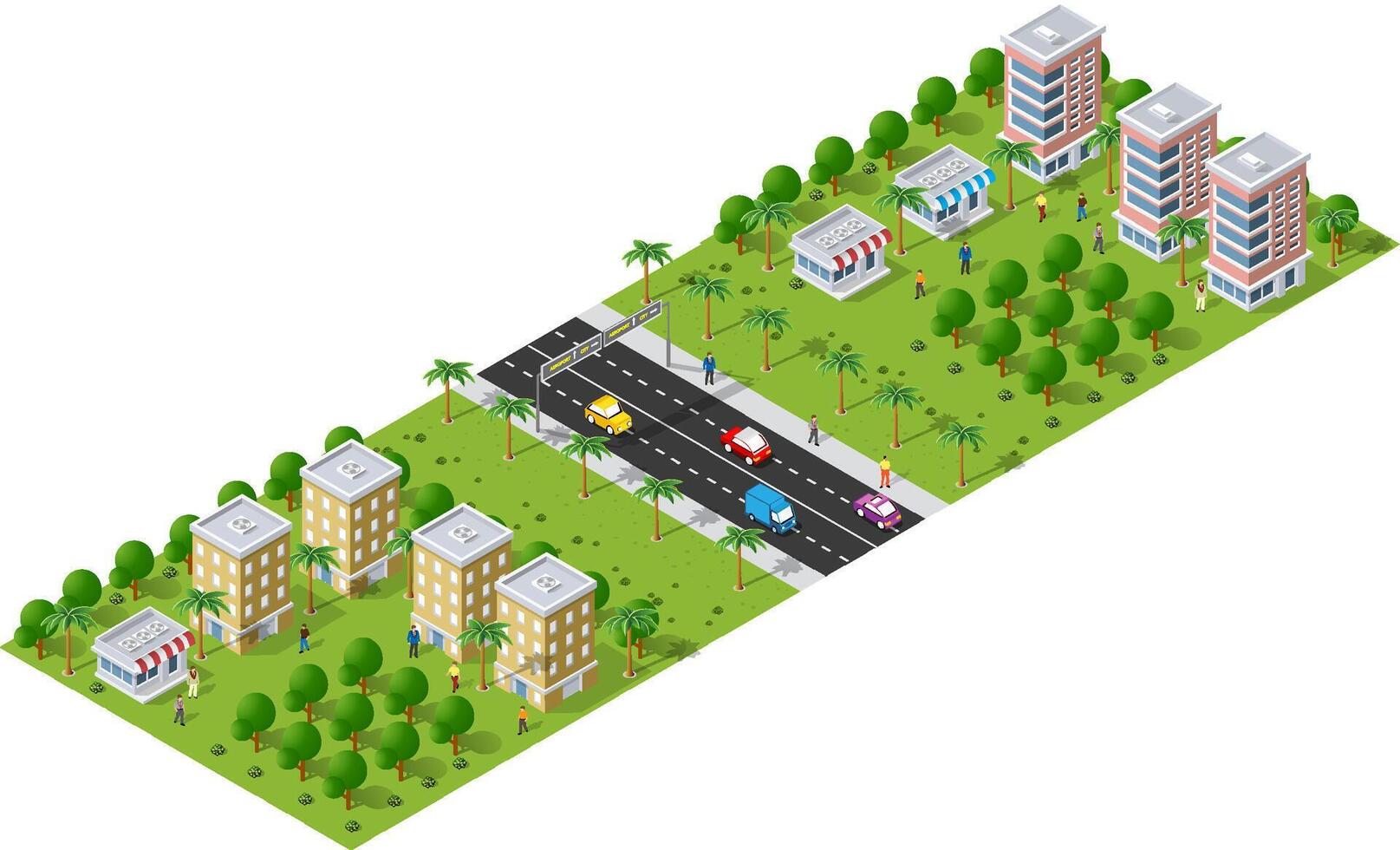Isometric city with cars and trees vector