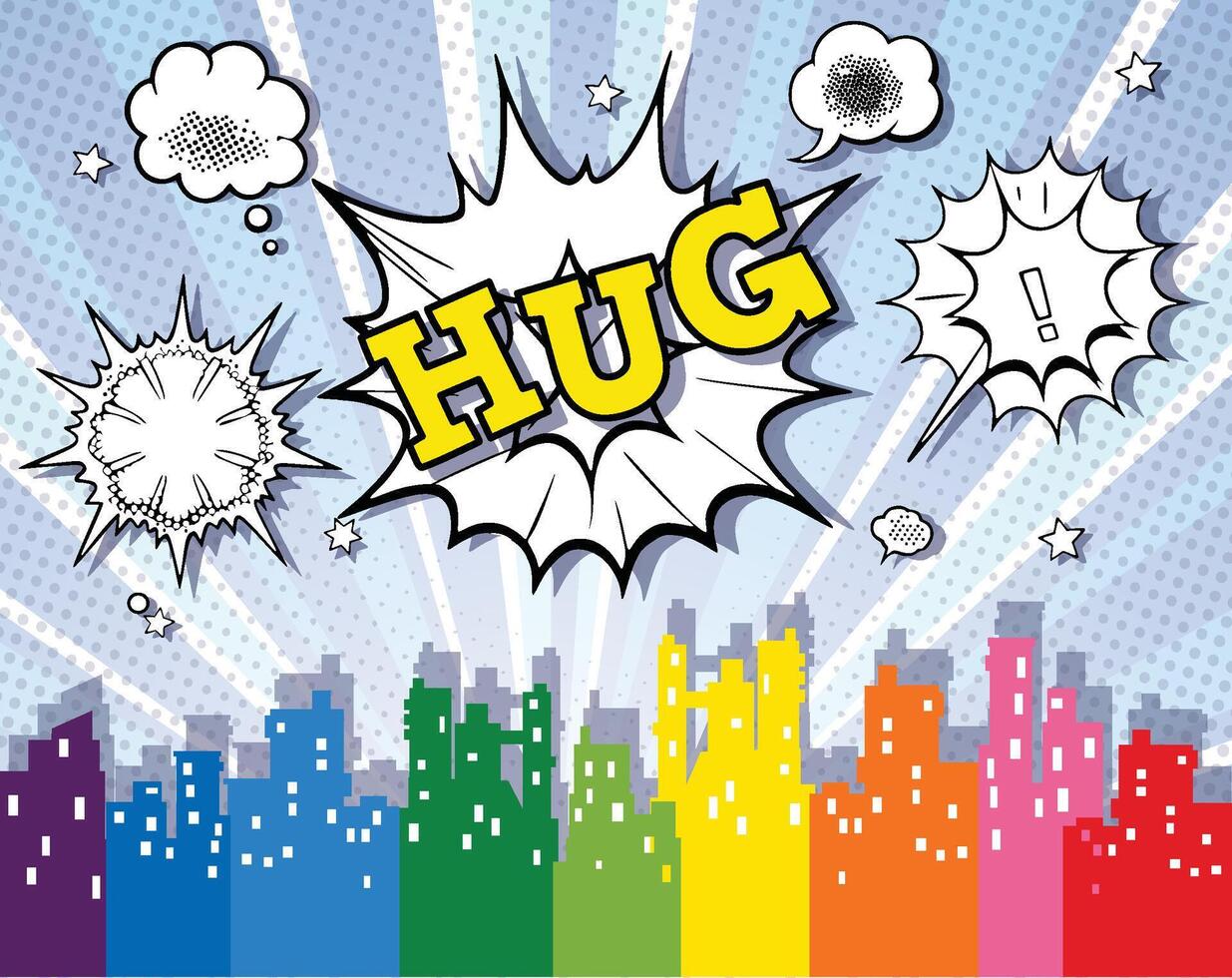 Pop art city with the word hug vector