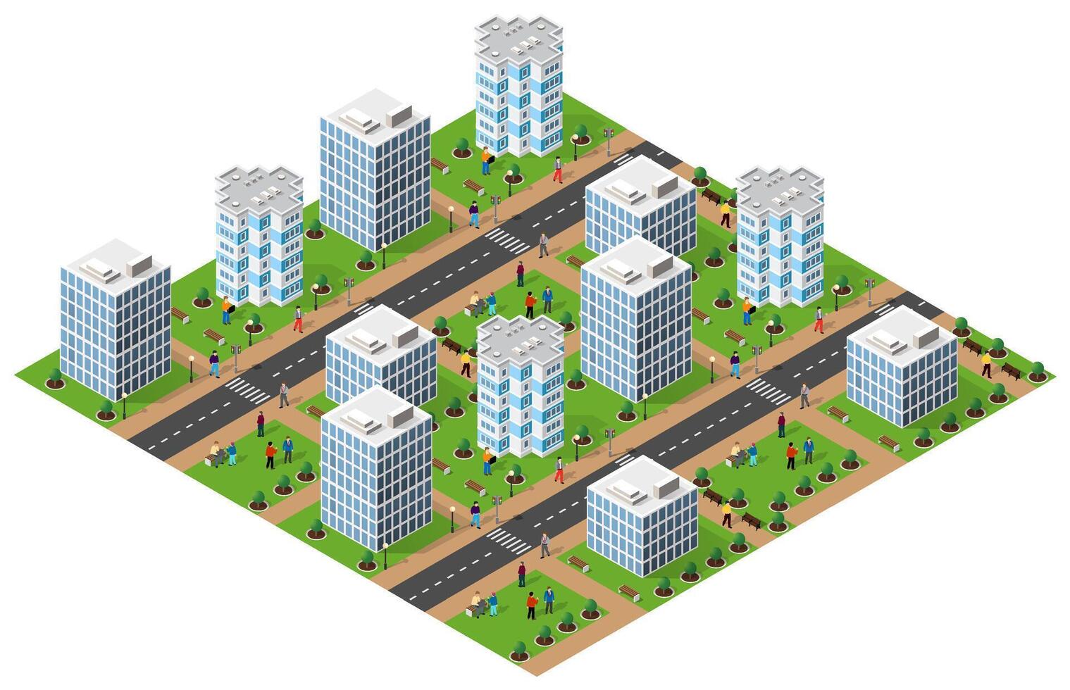 Modern isometric city with people walking and relaxing in a park vector