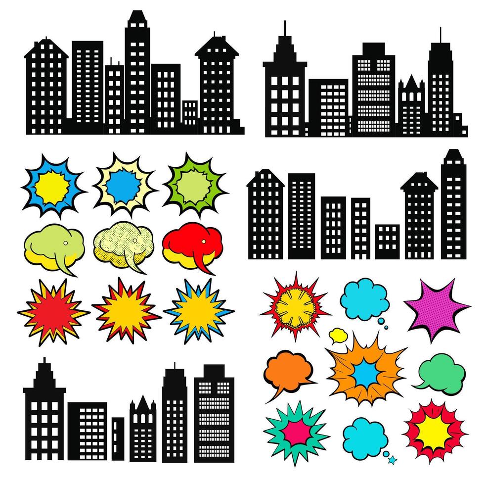 Comic book city skyline and speech bubbles collection vector