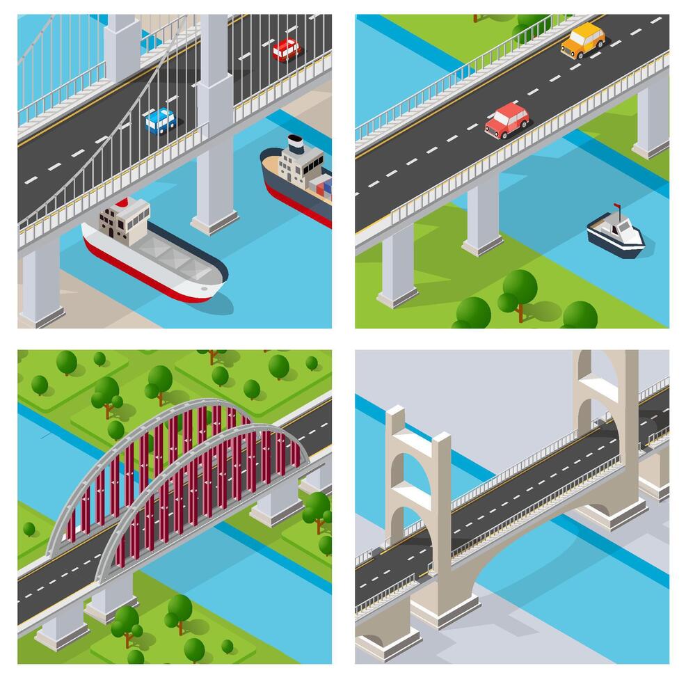 Isometric illustration of bridges, road and river vector