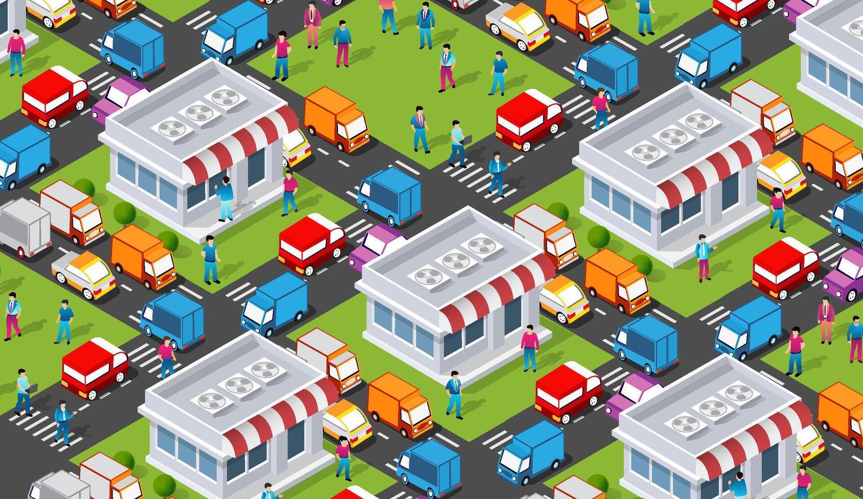 Isometric seamless pattern with people and cars vector
